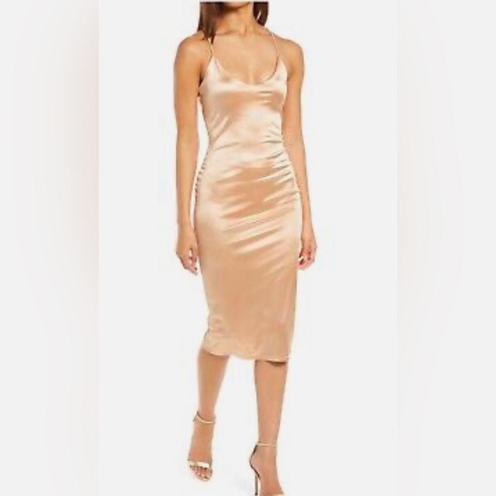 Bebe Strappy Back Sleeveless Gold Satin Midi Dress NWT Holidays! Medium